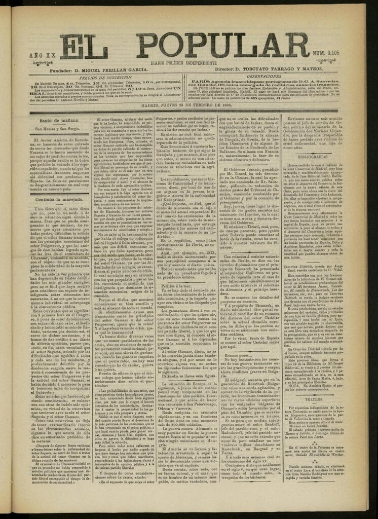 Miniatura de El Popular: diario independiente, político, literario y de noticias de interés general del 23 de febrero de 1888, nº 9105