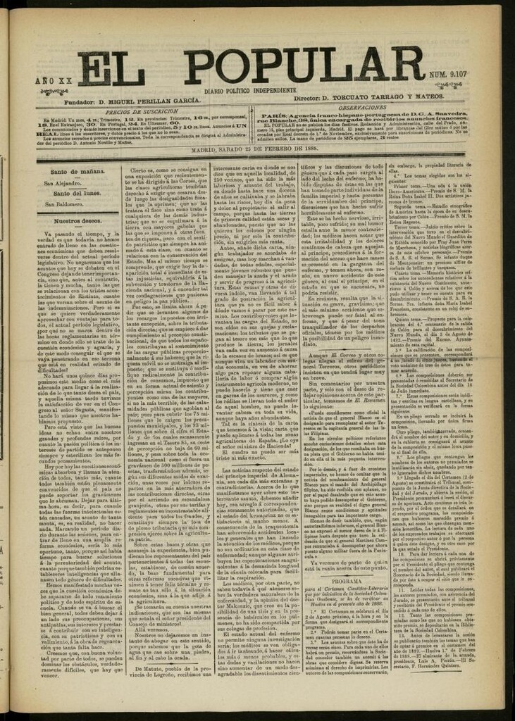 Miniatura de El Popular: diario independiente, político, literario y de noticias de interés general del 25 de febrero de 1888, nº 9107
