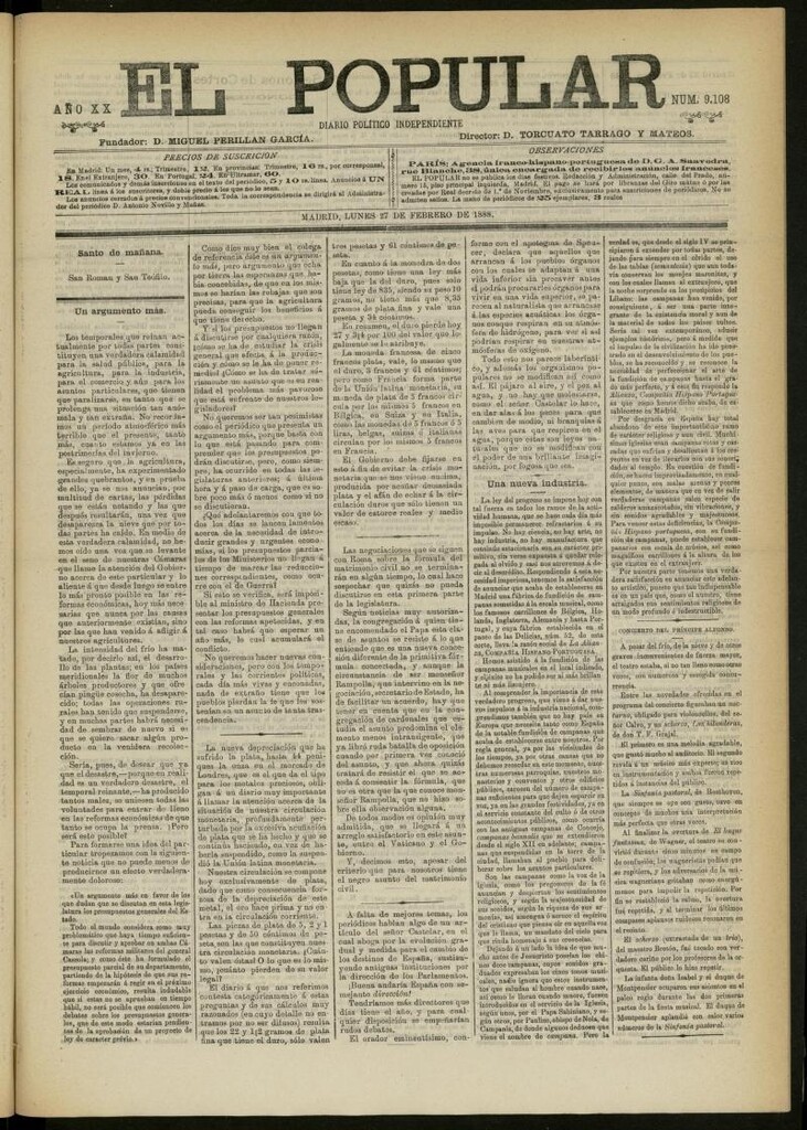 Miniatura de El Popular: diario independiente, político, literario y de noticias de interés general del 27 de febrero de 1888, nº 9108