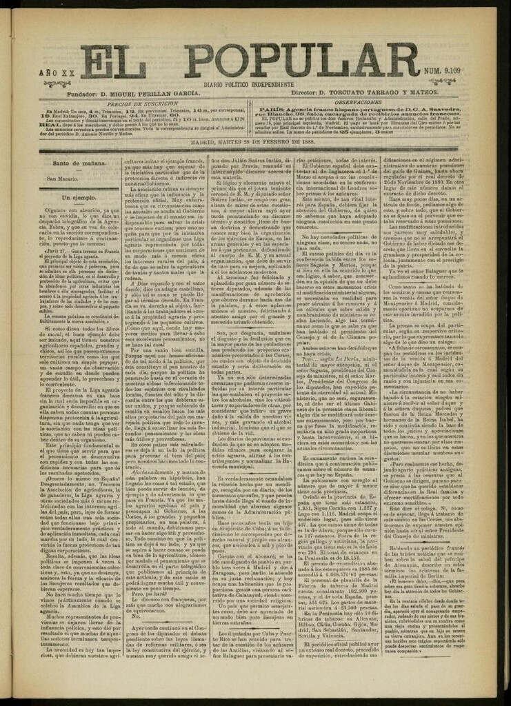 Miniatura de El Popular: diario independiente, político, literario y de noticias de interés general del 28 de febrero de 1888, nº 9109