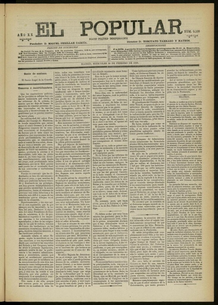 Miniatura de El Popular: diario independiente, político, literario y de noticias de interés general del 29 de febrero de 1888, nº 9109 [sic]