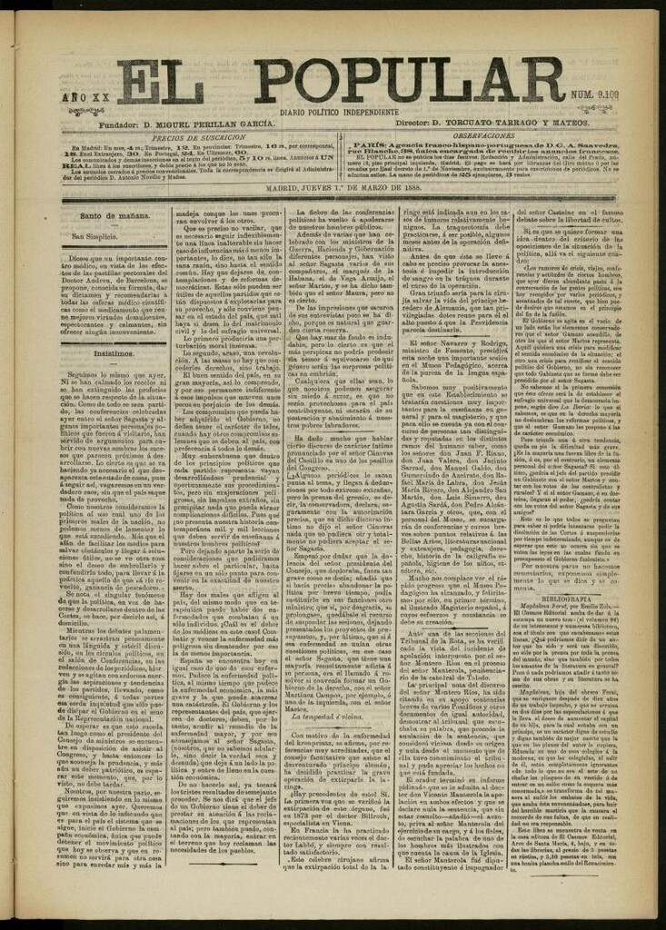Miniatura de El Popular: diario independiente, político, literario y de noticias de interés general del 1 de marzo de 1888, nº 9109 [sic]