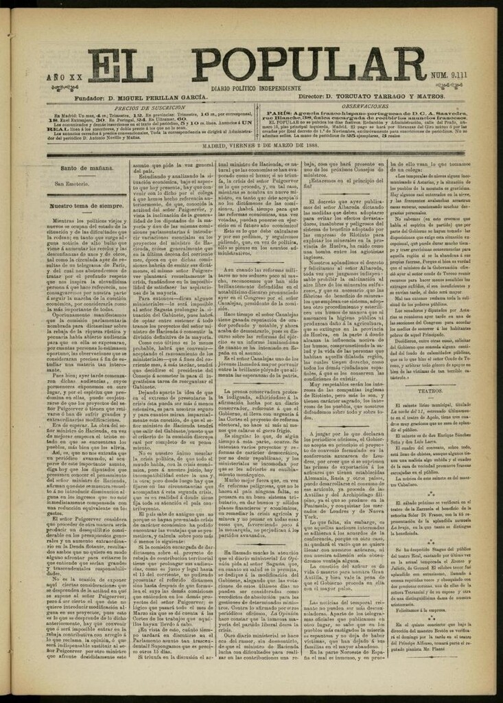 Miniatura de El Popular: diario independiente, político, literario y de noticias de interés general del 2 de marzo de 1888, nº 9111