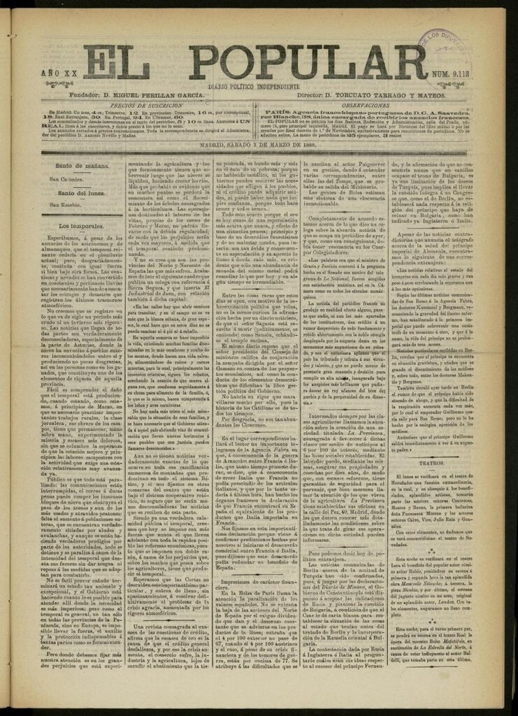 Miniatura de El Popular: diario independiente, político, literario y de noticias de interés general del 3 de marzo de 1888, nº 9112
