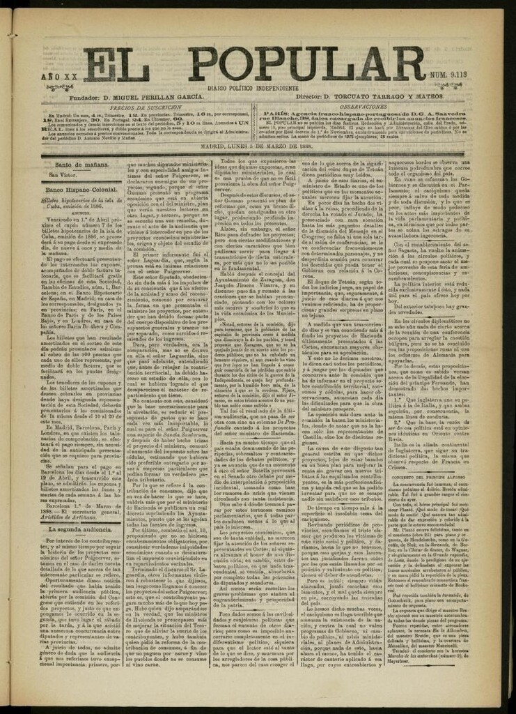 Miniatura de El Popular: diario independiente, político, literario y de noticias de interés general del 5 de marzo de 1888, nº 9113