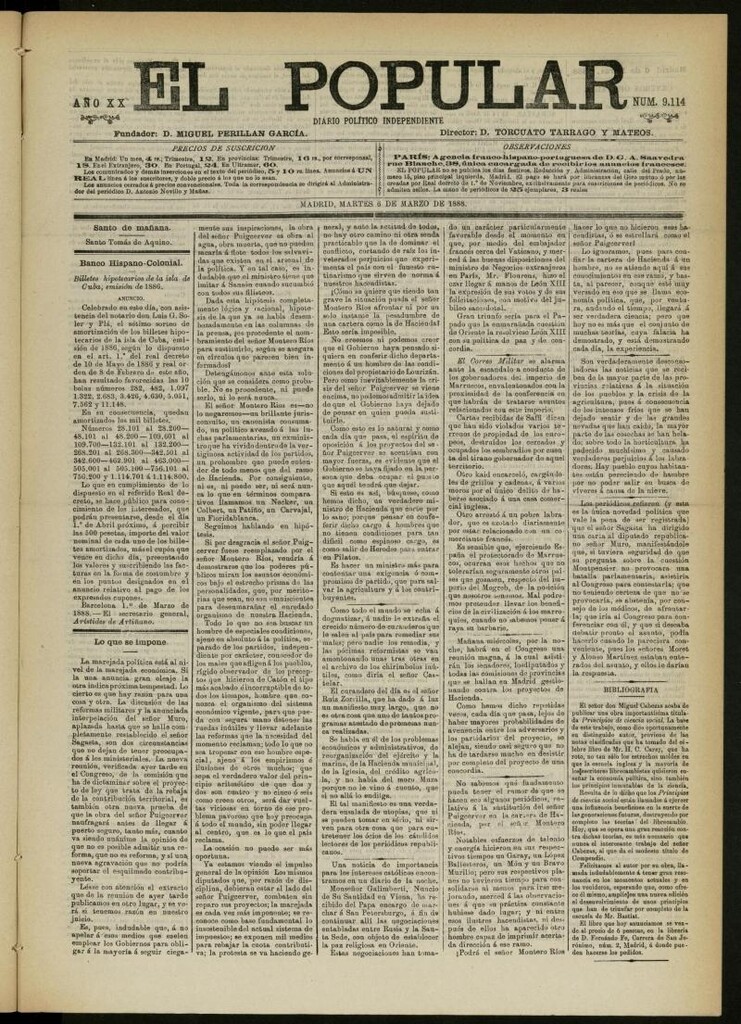 Miniatura de El Popular: diario independiente, político, literario y de noticias de interés general del 6 de marzo de 1888, nº 9114