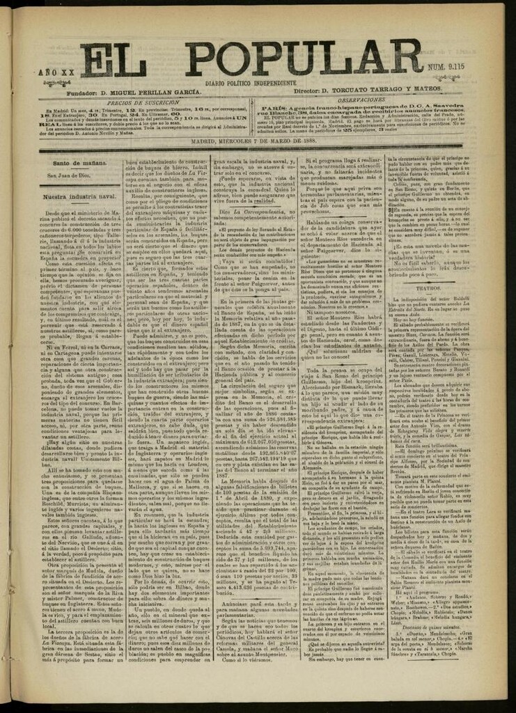 Miniatura de El Popular: diario independiente, político, literario y de noticias de interés general del 7 de marzo de 1888, nº 9115