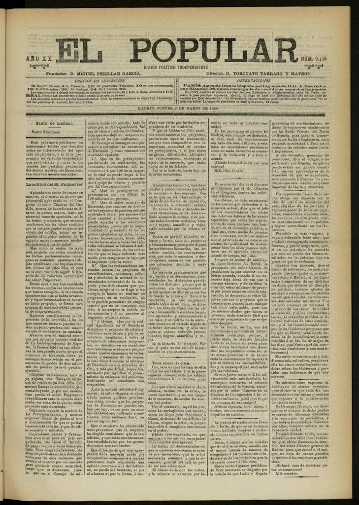 Miniatura de El Popular: diario independiente, político, literario y de noticias de interés general del 8 de marzo de 1888, nº 9116