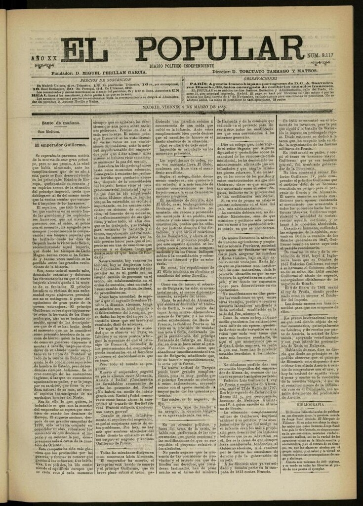 Miniatura de El Popular: diario independiente, político, literario y de noticias de interés general del 9 de marzo de 1888, nº 9117