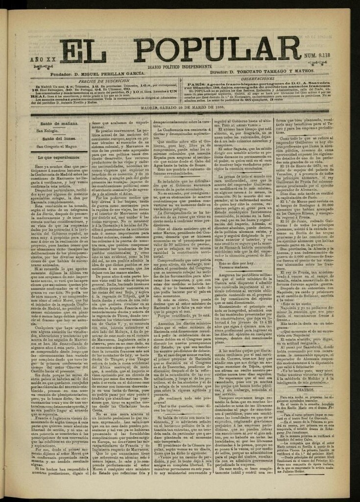 Miniatura de El Popular: diario independiente, político, literario y de noticias de interés general del 10 de marzo de 1888, nº 9118