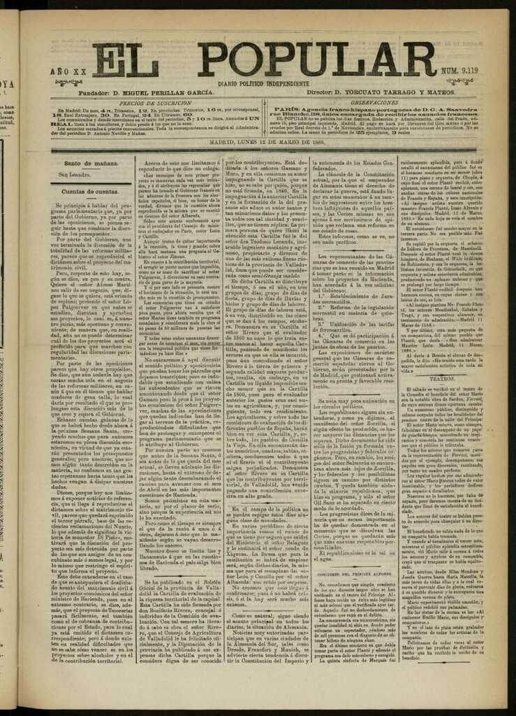 Miniatura de El Popular: diario independiente, político, literario y de noticias de interés general del 12 de marzo de 1888, nº 9119