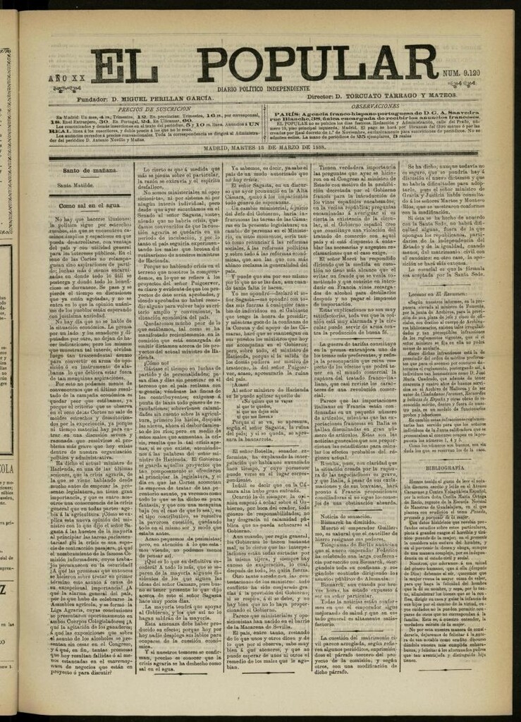 Miniatura de El Popular: diario independiente, político, literario y de noticias de interés general del 13 de marzo de 1888, nº 9120