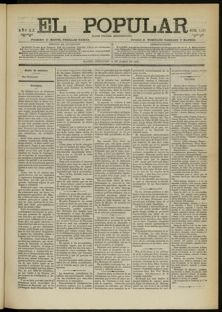 Miniatura de El Popular: diario independiente, político, literario y de noticias de interés general del 14 de marzo de 1888, nº 9121