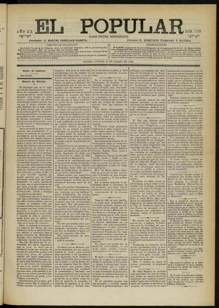 Miniatura de El Popular: diario independiente, político, literario y de noticias de interés general del 15 de marzo de 1888, nº 9122