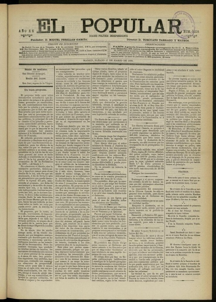 Miniatura de El Popular: diario independiente, político, literario y de noticias de interés general del 17 de marzo de 1888, nº 9124