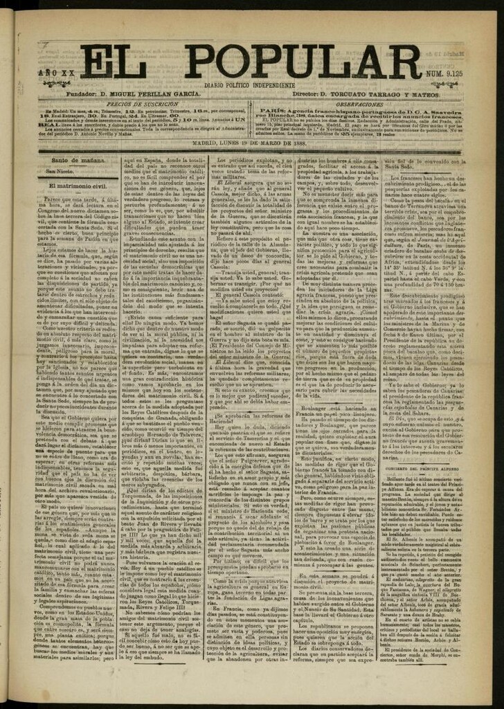 Miniatura de El Popular: diario independiente, político, literario y de noticias de interés general del 19 de marzo de 1888, nº 9125
