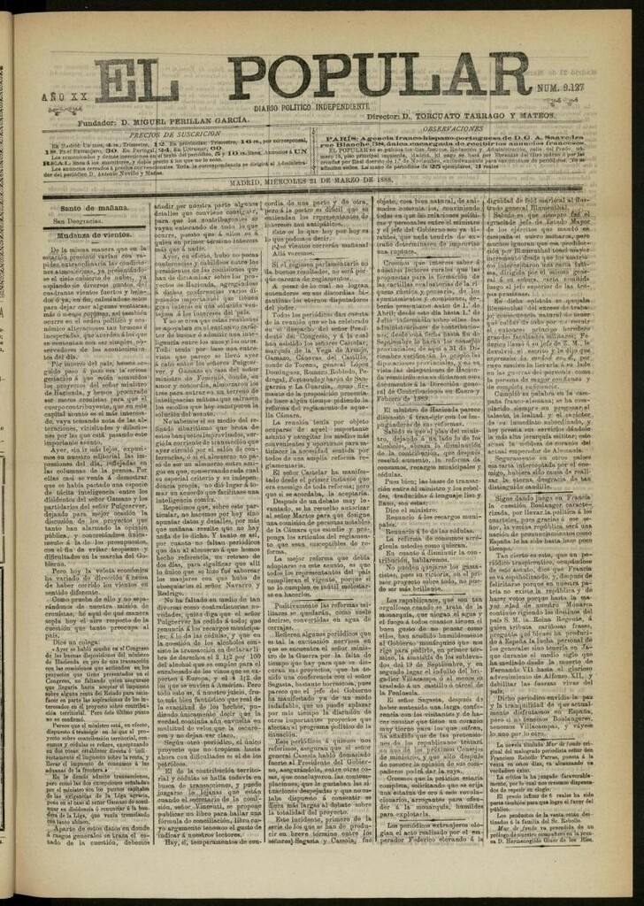Miniatura de El Popular: diario independiente, político, literario y de noticias de interés general del 21 de marzo de 1888, nº 9127