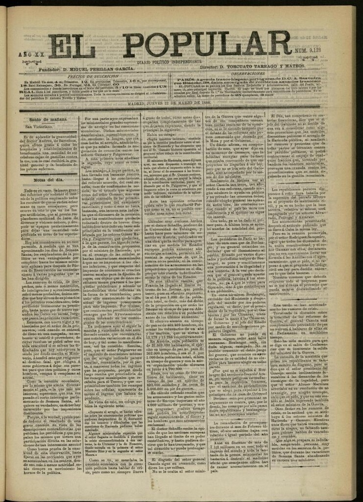 Miniatura de El Popular: diario independiente, político, literario y de noticias de interés general del 22 de marzo de 1888, nº 9128
