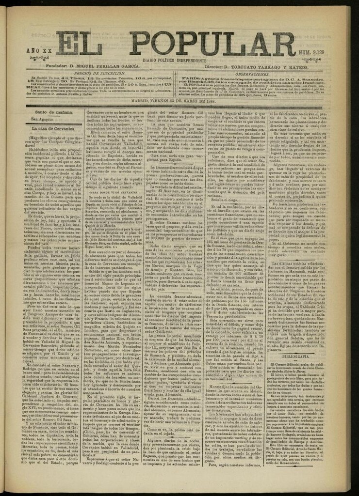 Miniatura de El Popular: diario independiente, político, literario y de noticias de interés general del 23 de marzo de 1888, nº 9129