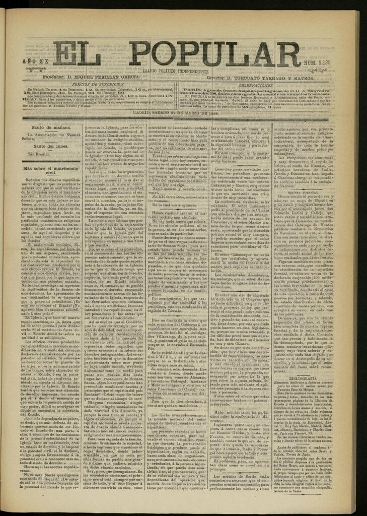 Miniatura de El Popular: diario independiente, político, literario y de noticias de interés general del 24 de marzo de 1888, nº 9130