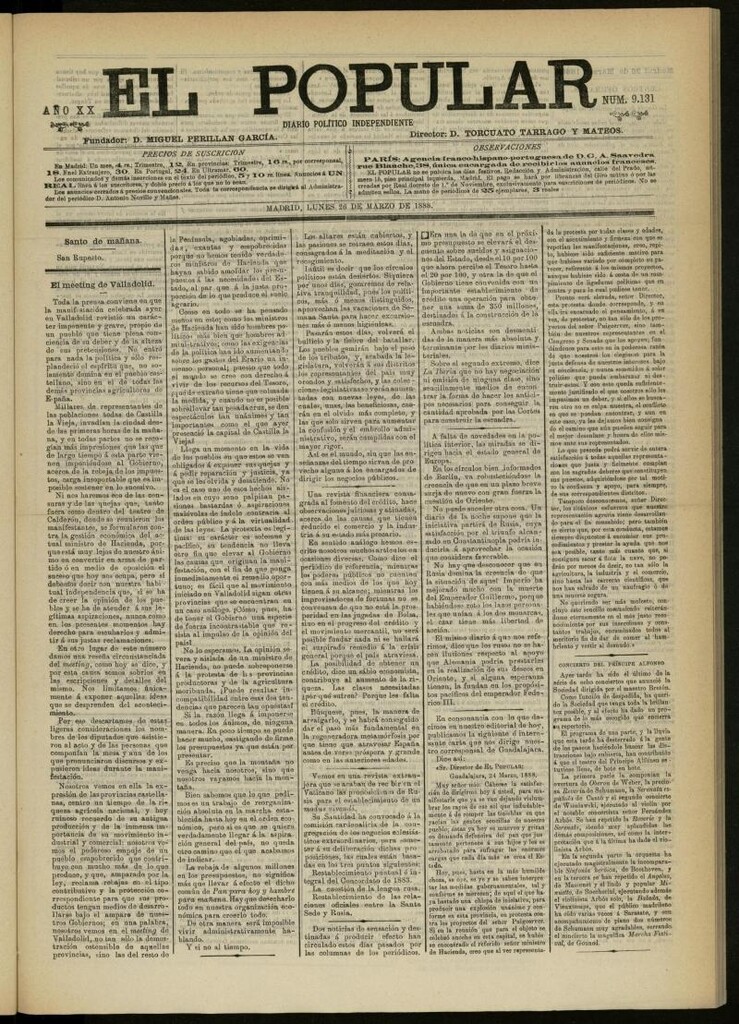 Miniatura de El Popular: diario independiente, político, literario y de noticias de interés general del 26 de marzo de 1888, nº 9131