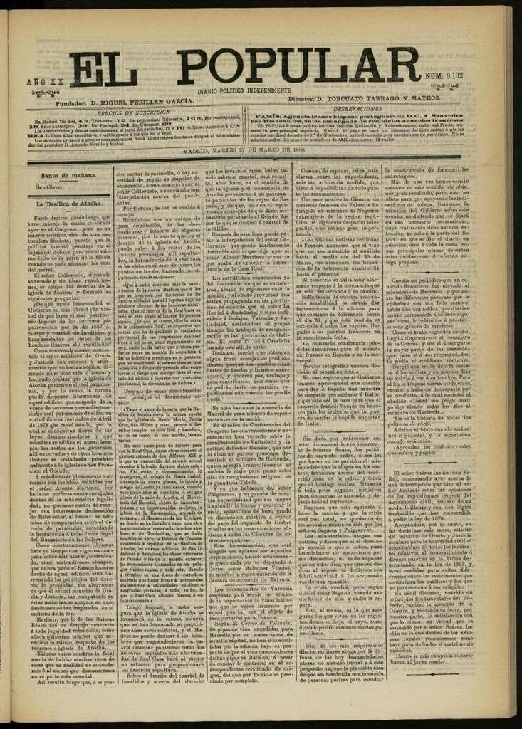 Miniatura de El Popular: diario independiente, político, literario y de noticias de interés general del 27 de marzo de 1888, nº 9132