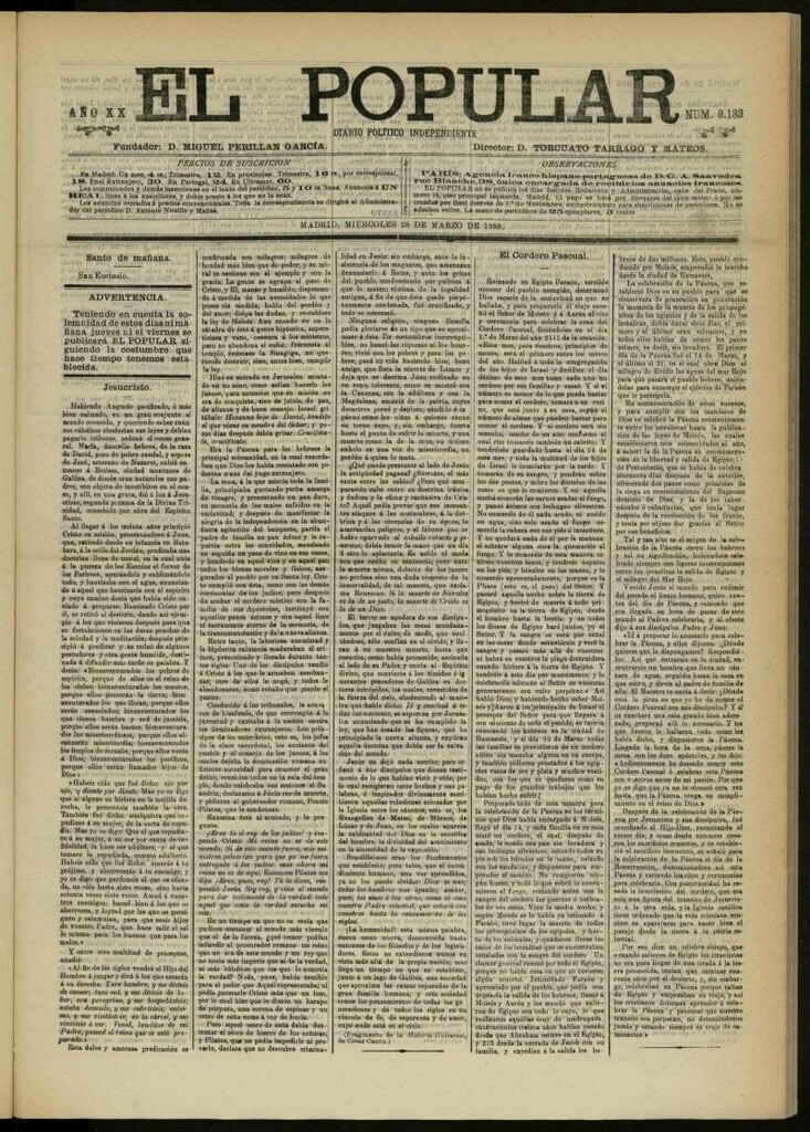 Miniatura de El Popular: diario independiente, político, literario y de noticias de interés general del 28 de marzo de 1888, nº 9133