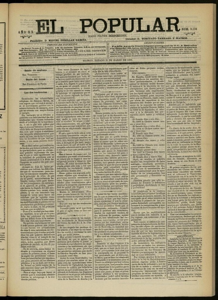 Miniatura de El Popular: diario independiente, político, literario y de noticias de interés general del 31 de marzo de 1888, nº 9134