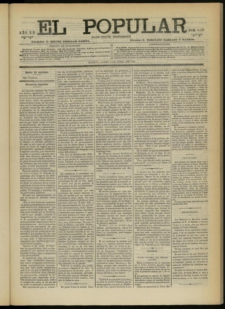 Miniatura de El Popular: diario independiente, político, literario y de noticias de interés general del 2 de abril de 1888, nº 9135