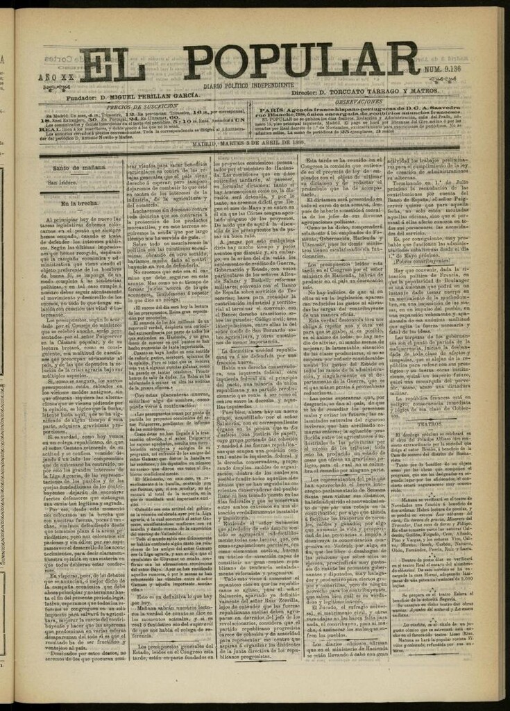 Miniatura de El Popular: diario independiente, político, literario y de noticias de interés general del 3 de abril de 1888, nº 9136