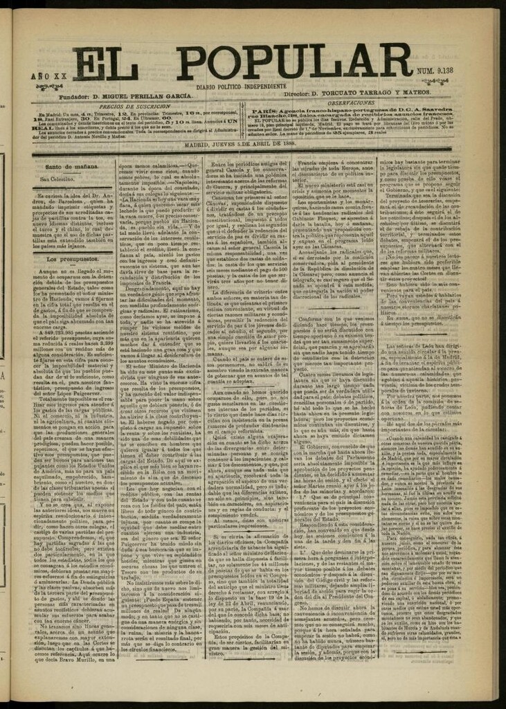 Miniatura de El Popular: diario independiente, político, literario y de noticias de interés general del 5 de abril de 1888, nº 9138