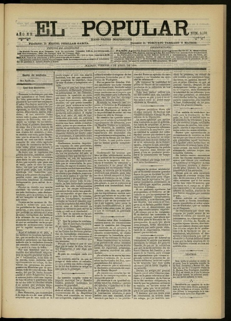 Miniatura de El Popular: diario independiente, político, literario y de noticias de interés general del 6 de abril de 1888, nº 9139