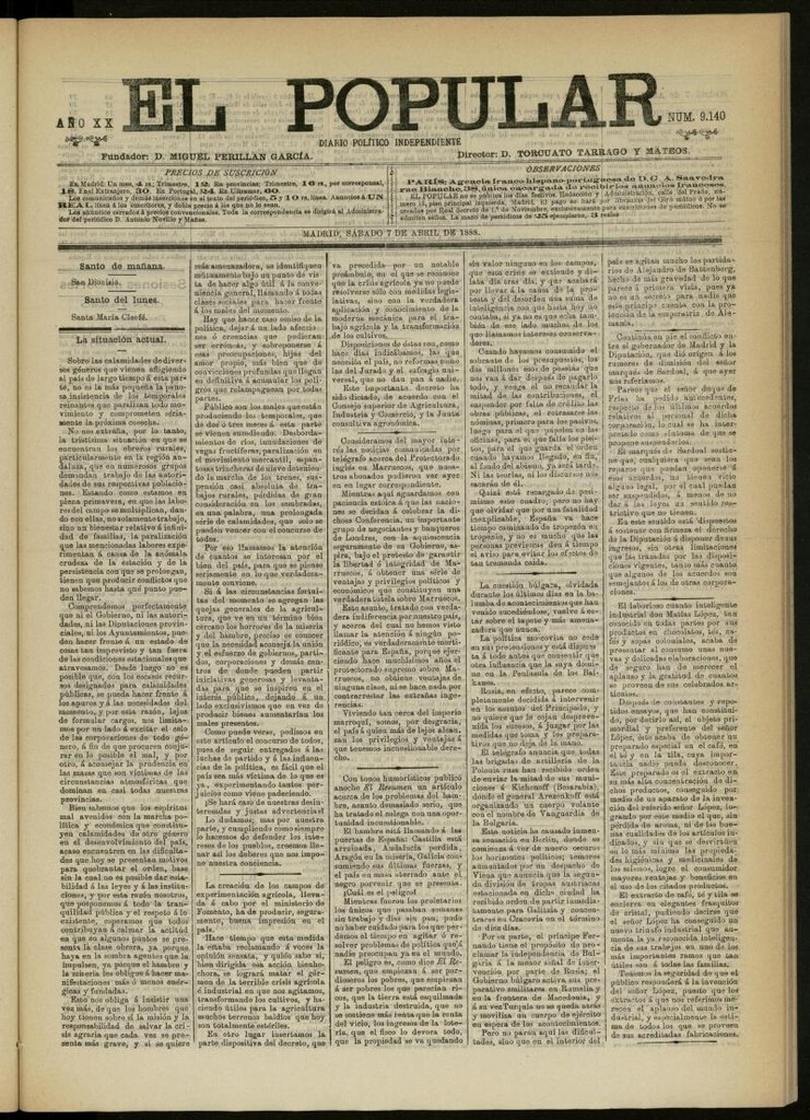 Miniatura de El Popular: diario independiente, político, literario y de noticias de interés general del 7 de abril de 1888, nº 9140