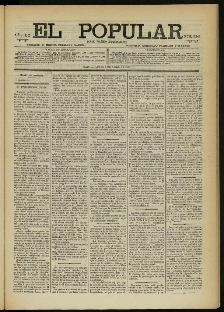 Miniatura de El Popular: diario independiente, político, literario y de noticias de interés general del 9 de abril de 1888, nº 9141