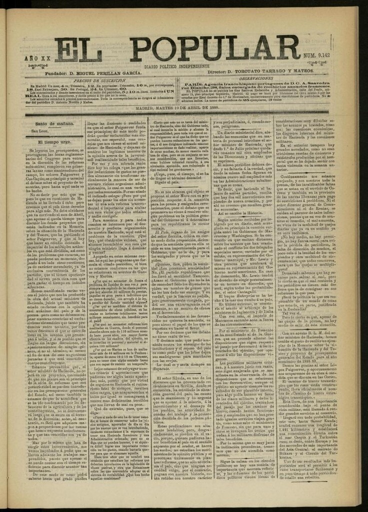 Miniatura de El Popular: diario independiente, político, literario y de noticias de interés general del 10 de abril de 1888, nº 9142