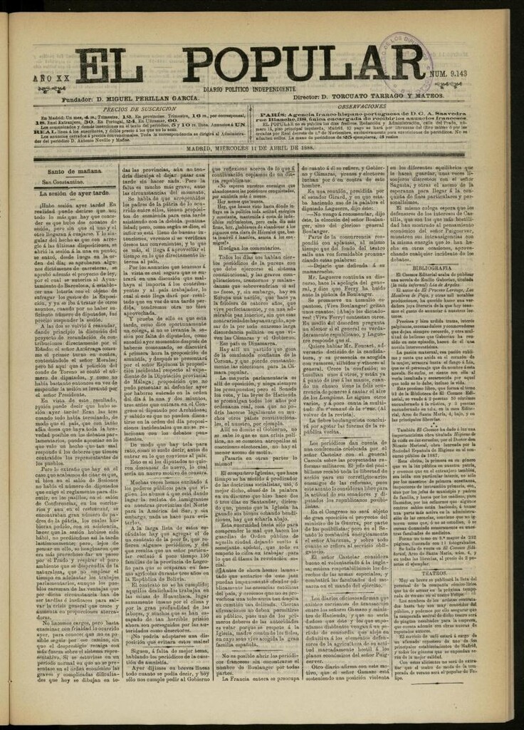 Miniatura de El Popular: diario independiente, político, literario y de noticias de interés general del 11 de abril de 1888, nº 9143