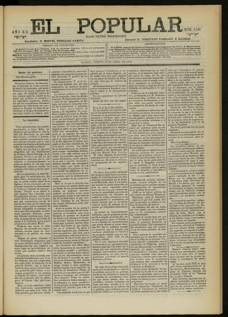 Miniatura de El Popular: diario independiente, político, literario y de noticias de interés general del 12 de abril de 1888, nº 9144