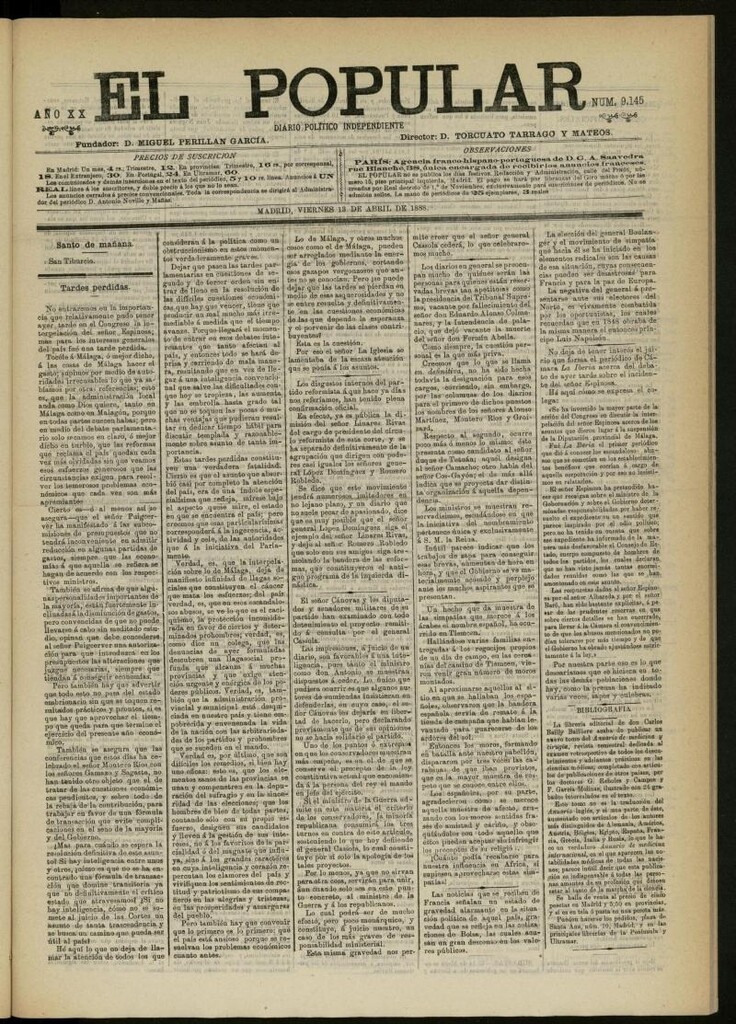 Miniatura de El Popular: diario independiente, político, literario y de noticias de interés general del 13 de abril de 1888, nº 9145