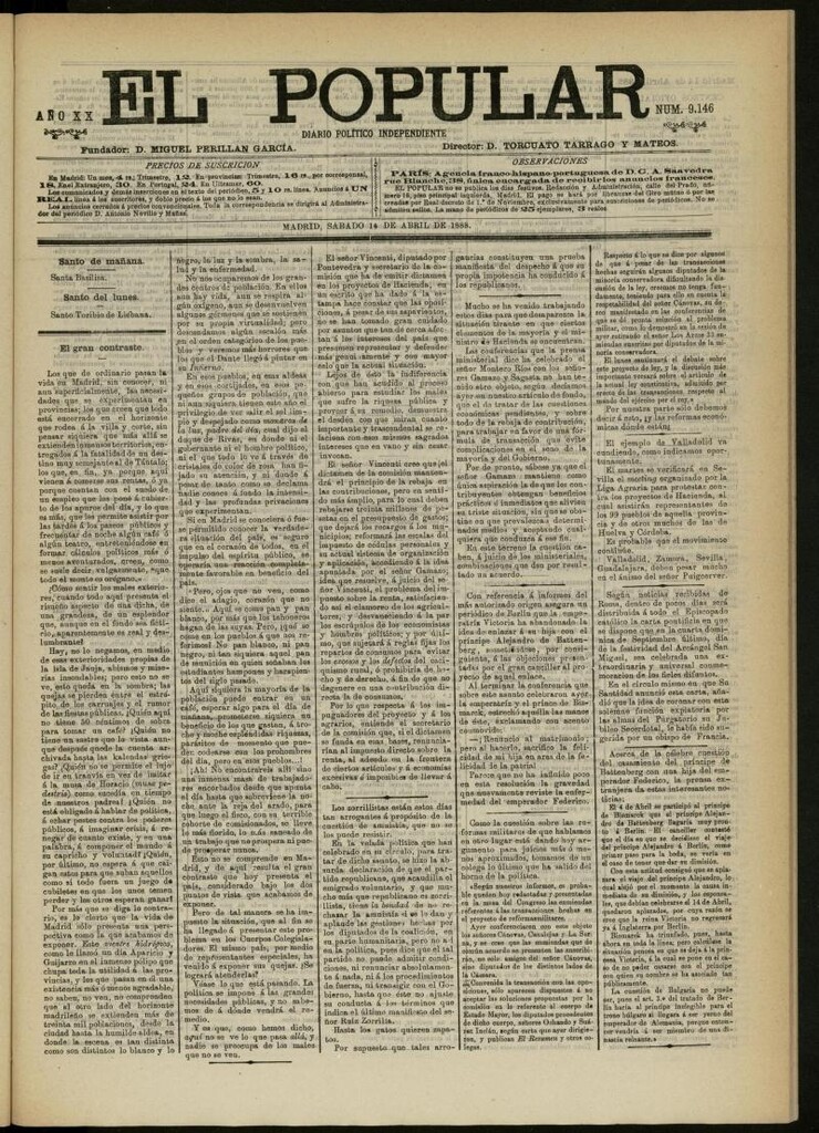 Miniatura de El Popular: diario independiente, político, literario y de noticias de interés general del 14 de abril de 1888, nº 9146