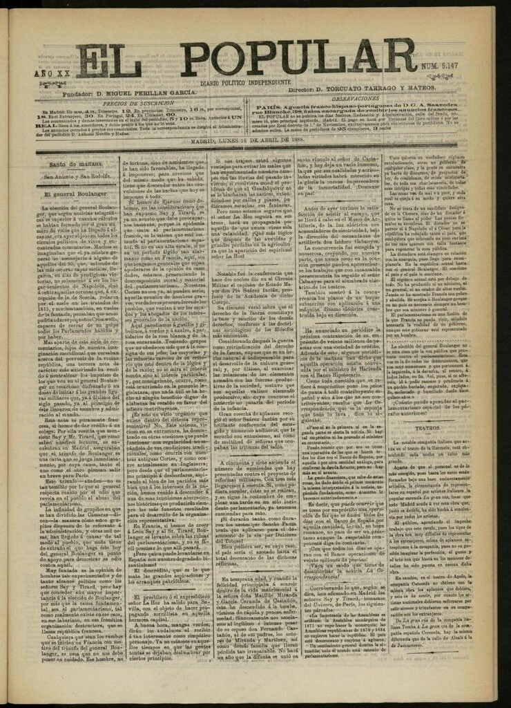 Miniatura de El Popular: diario independiente, político, literario y de noticias de interés general del 16 de abril de 1888, nº 9147