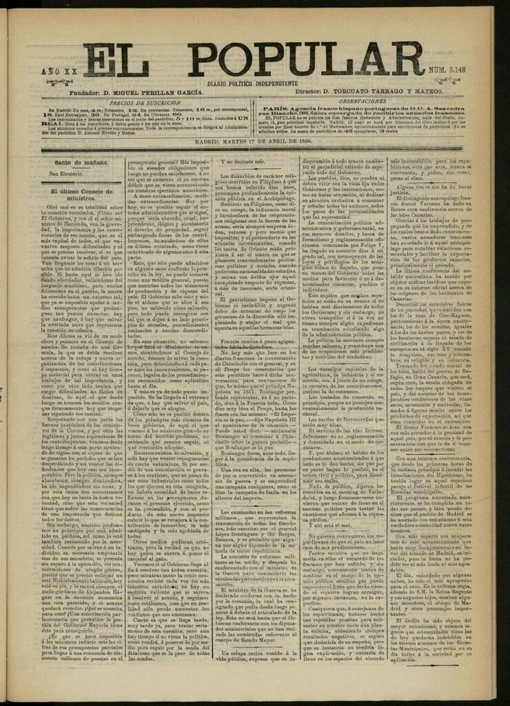 Miniatura de El Popular: diario independiente, político, literario y de noticias de interés general del 17 de abril de 1888, nº 9148