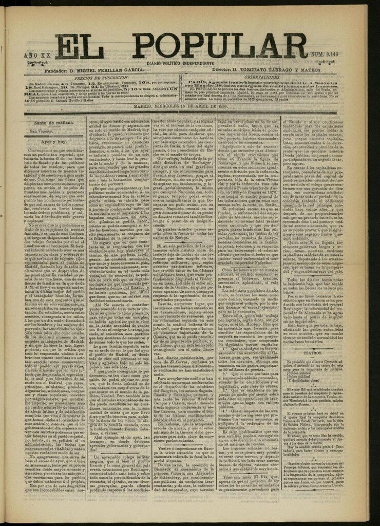 Miniatura de El Popular: diario independiente, político, literario y de noticias de interés general del 18 de abril de 1888, nº 9149