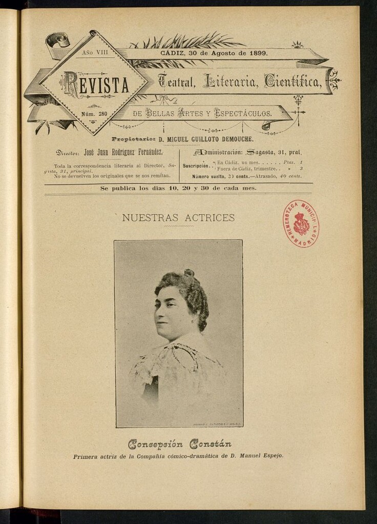Miniatura de Revista Teatral, Literaria, Científica, de Bellas Artes y Espectáculos. Nº 280