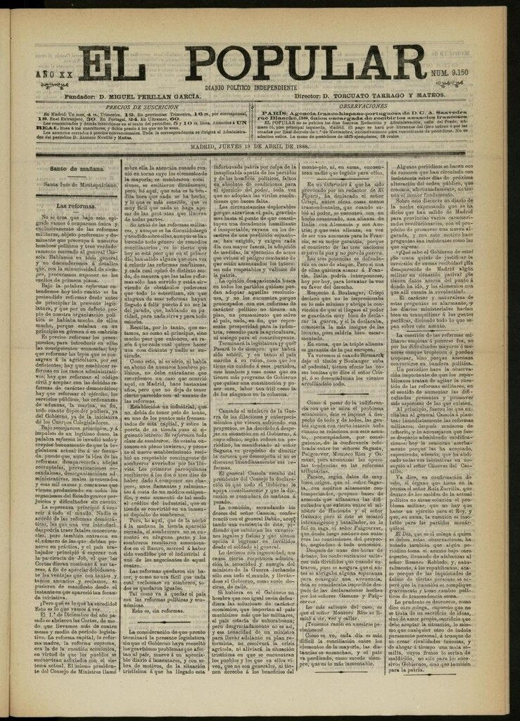 Miniatura de El Popular: diario independiente, político, literario y de noticias de interés general del 19 de abril de 1888, nº 9150