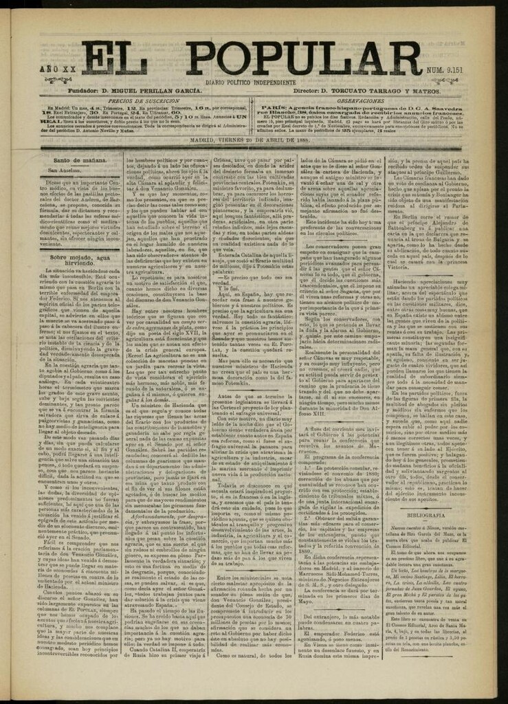 Miniatura de El Popular: diario independiente, político, literario y de noticias de interés general del 20 de abril de 1888, nº 9151