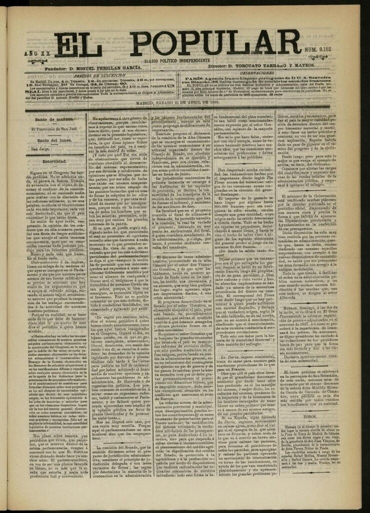 Miniatura de El Popular: diario independiente, político, literario y de noticias de interés general del 21 de abril de 1888, nº 9152