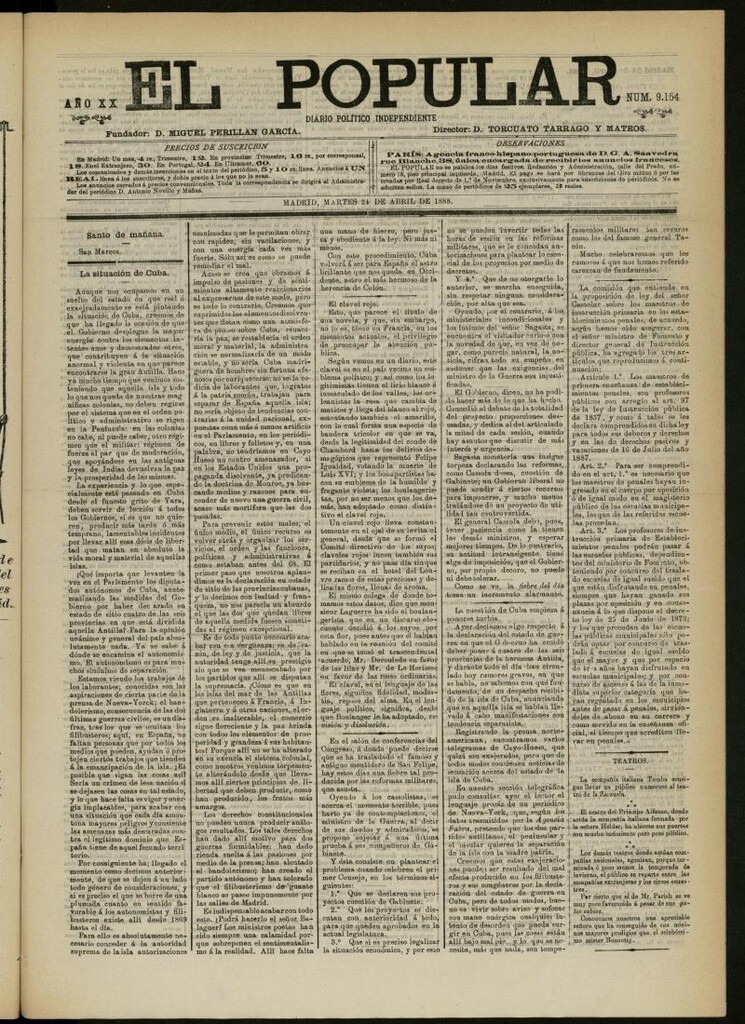 Miniatura de El Popular: diario independiente, político, literario y de noticias de interés general del 24 de abril de 1888, nº 9154