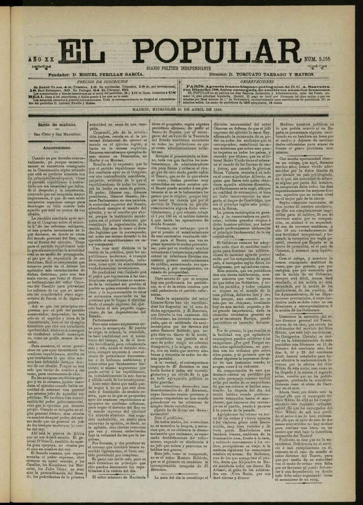 Miniatura de El Popular: diario independiente, político, literario y de noticias de interés general del 25 de abril de 1888, nº 9155