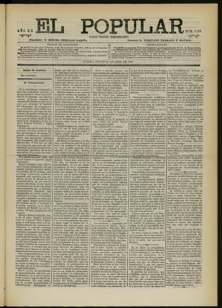 Miniatura de El Popular: diario independiente, político, literario y de noticias de interés general del 26 de abril de 1888, nº 9156