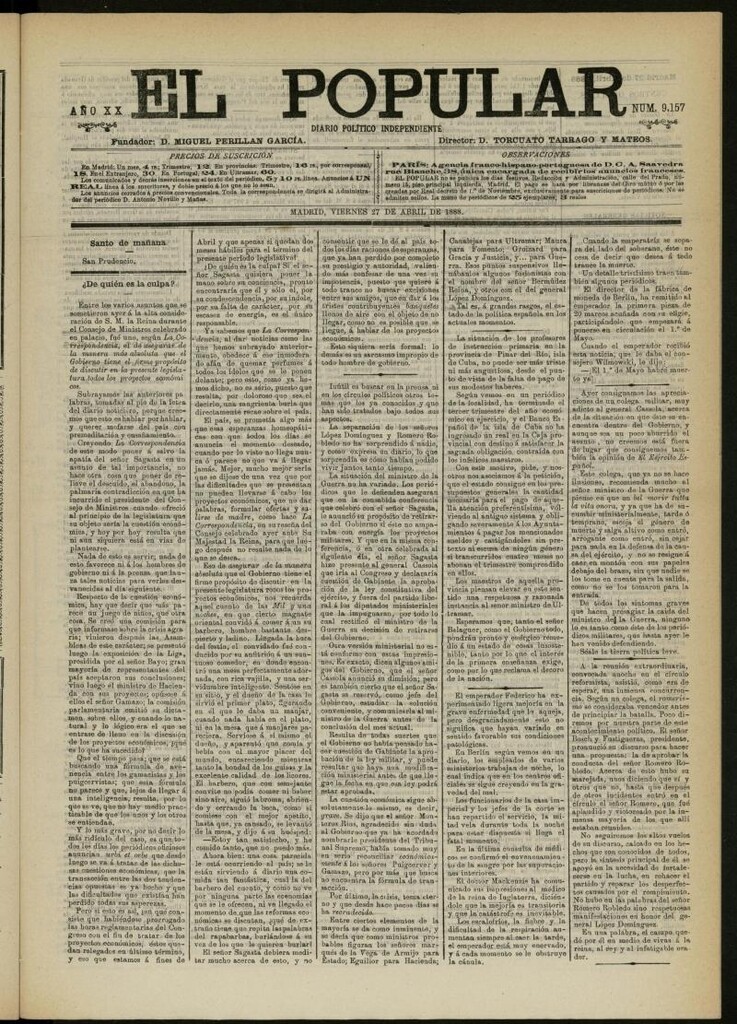 Miniatura de El Popular: diario independiente, político, literario y de noticias de interés general del 27 de abril de 1888, nº 9157